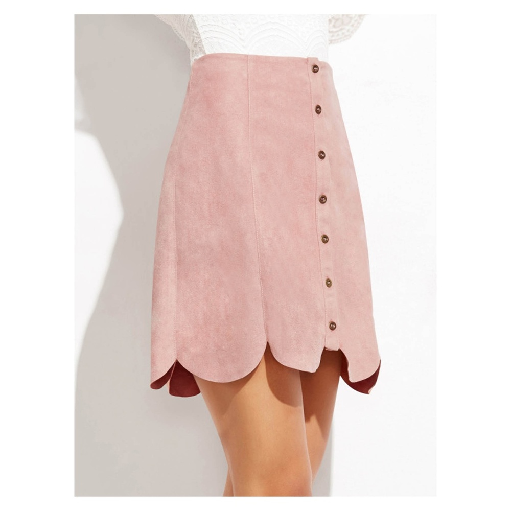 Pink Faux Suede Button Down Scallop Skirt - Picture 2 of 5